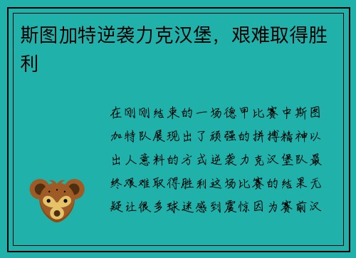 斯图加特逆袭力克汉堡，艰难取得胜利