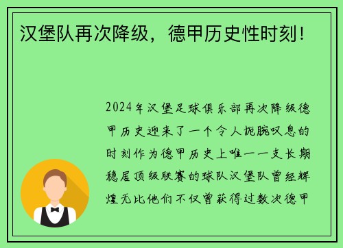 汉堡队再次降级，德甲历史性时刻！