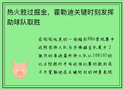 热火胜过掘金，霍勒迪关键时刻发挥助球队取胜