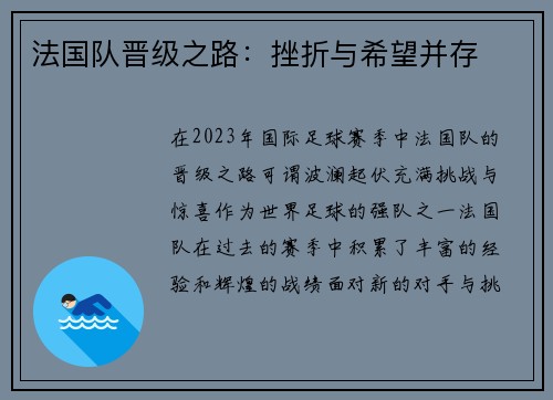 法国队晋级之路：挫折与希望并存