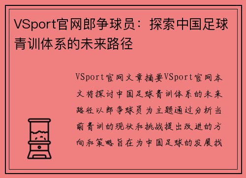 VSport官网郎争球员：探索中国足球青训体系的未来路径