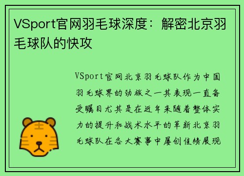 VSport官网羽毛球深度：解密北京羽毛球队的快攻