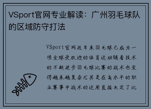 VSport官网专业解读：广州羽毛球队的区域防守打法
