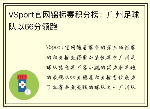VSport官网锦标赛积分榜：广州足球队以66分领跑